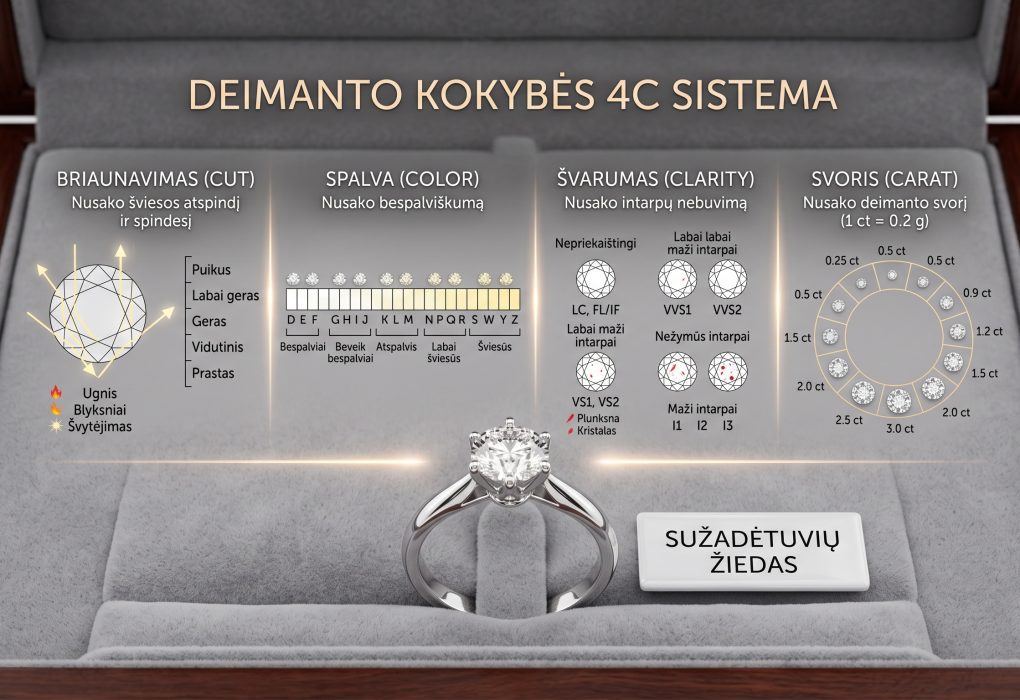 Sužadėtuvių žiedas su deimantu, pabrėžiantis deimanto kokybę ir 4C kriterijus