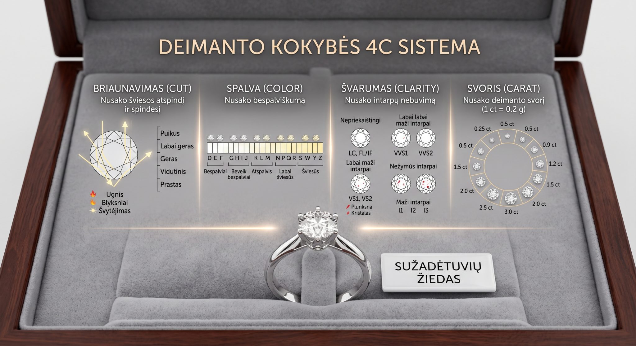 Sužadėtuvių žiedas su deimantu, pabrėžiantis deimanto kokybę ir 4C kriterijus